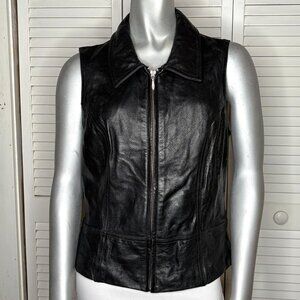 Vintage 00s Wilsons Leather Black Sleeveless Collared Zip Vest Stretch Back L